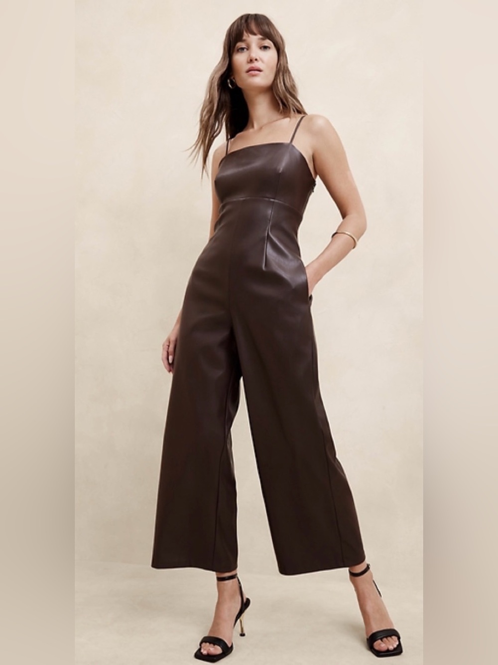 Banana Republic Factory Vegan Leather Jumpsuit Dark Oak Brown Petite 4 NWT NEW